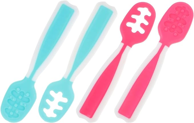 Superior First Steps Spoon Set: Ideal for Babies 6+ Months - Perfect for Baby-Led Weaning & Teething - Ergonomic Self-Feeding Silicone Utensils, 2-Pack (Green/Pink)